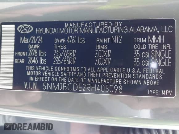 2024 Hyundai Tucson SEL z VIN 5NMJBCDE2RH405098, wystawiony jako IAAI lot #42766392 z przebiegiem 3 902 mil mil oraz . Historia ofert i sprzedaży dostępna na DreamBid. Obrazek 9.