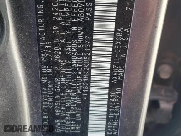 2019 Toyota Camry Hybrid SE с VIN 4T1B21HK2KU521372, выставлен на аукционе Copart как лот 85365895 с пробегом 79 115 миль миль и Списание • Salvage title. История ставок и продаж доступна на DreamBid. Изображение 12.