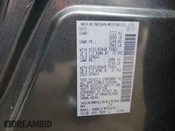 2014 Nissan Pathfinder SV Hybrid z VIN 5N1CR2MM5EC642694, wystawiony jako Copart lot #65499165 z przebiegiem 146 064 mil mil oraz Czysty tytuł • Clean title. Historia ofert i sprzedaży dostępna na DreamBid. Obrazek 13.