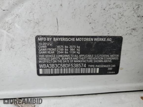 2013 BMW 3 Series 328i xDrive with VIN WBA3B3C58DF538574, listed as a Copart auction lot 82467095 with 155,350 mi miles and Clean title. Bid and sale history available at DreamBid. Image 12.