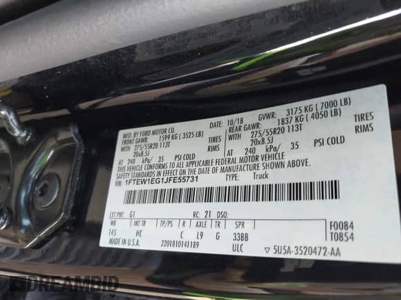 2018 Ford F-150 XL z VIN 1FTEW1EG1JFE55731, wystawiony jako IAAI lot #43173595 z przebiegiem 221 401 mil mil oraz . Historia ofert i sprzedaży dostępna na DreamBid. Obrazek 9.