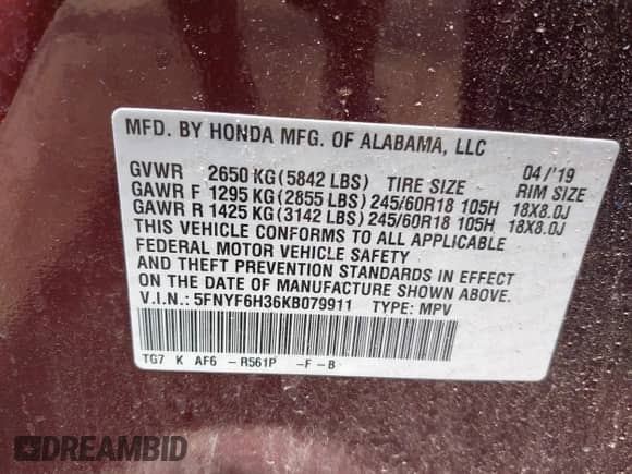 2019 Honda Pilot EX z VIN 5FNYF6H36KB079911, wystawiony jako IAAI lot #42723390 z przebiegiem 112 324 mil mil oraz . Historia ofert i sprzedaży dostępna na DreamBid. Obrazek 9.