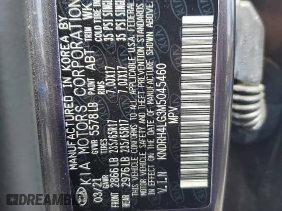 2021 Kia Sorento EX with VIN KNDRH4LG3M5045460, listed as a Copart auction lot 69608965 with 69,498 mi miles and Salvage title. Bid and sale history available at DreamBid. Image 13.