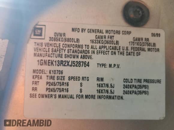 1999 Chevrolet Tahoe с VIN 1GNEK13R2XJ528764, выставлен на аукционе Copart как лот 68777125 с пробегом 146 601 миль миль и Списание • Salvage title. История ставок и продаж доступна на DreamBid. Изображение 13.