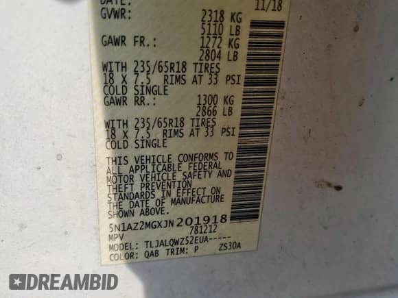 2018 Nissan Murano SV с VIN 5N1AZ2MGXJN201918, выставлен на аукционе Copart как лот 70640175 с пробегом 126 972 миль миль и Списание • Salvage title. История ставок и продаж доступна на DreamBid. Изображение 13.