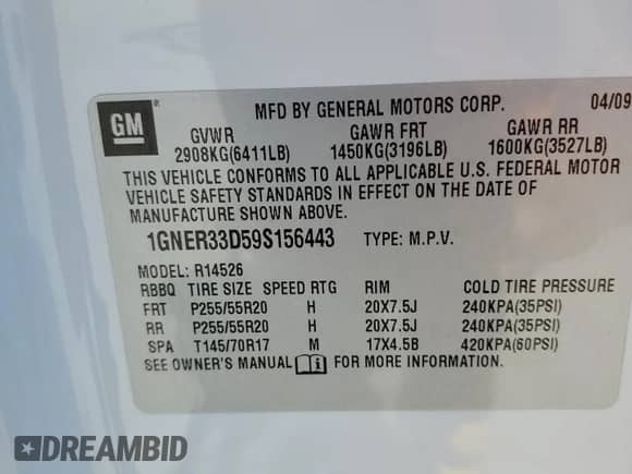 2009 Chevrolet Traverse LTZ с VIN 1GNER33D59S156443, выставлен на аукционе Copart как лот 71985525 с пробегом Не указан миль и Списание • Salvage title. История ставок и продаж доступна на DreamBid. Изображение 14.