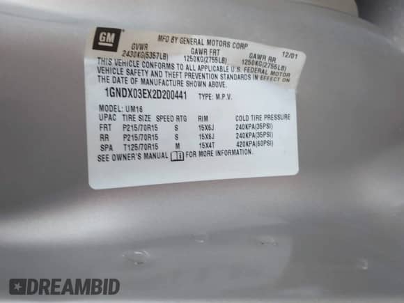 2002 Chevrolet Venture Plus 1SB с VIN 1GNDX03EX2D200441, выставлен на аукционе IAAI как лот 41406125 с пробегом 105 274 миль миль и . История ставок и продаж доступна на DreamBid. Изображение 9.