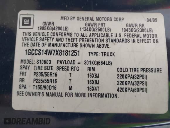 1999 Chevrolet S-10 LS Xtreme с VIN 1GCCS14W7X8181251, выставлен на аукционе IAAI как лот 41215736 с пробегом 192 449 миль миль и . История ставок и продаж доступна на DreamBid. Изображение 9.