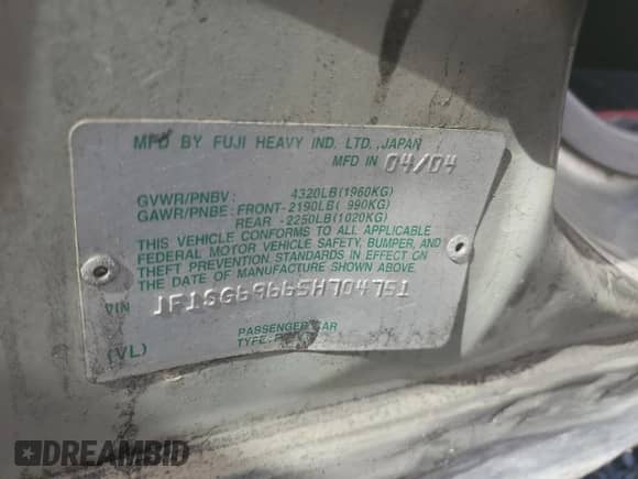 2005 Subaru Forester XT with VIN JF1SG69665H704751, listed as a Copart auction lot 63497125 with 188,843 mi miles and Salvage title. Bid and sale history available at DreamBid. Image 13.