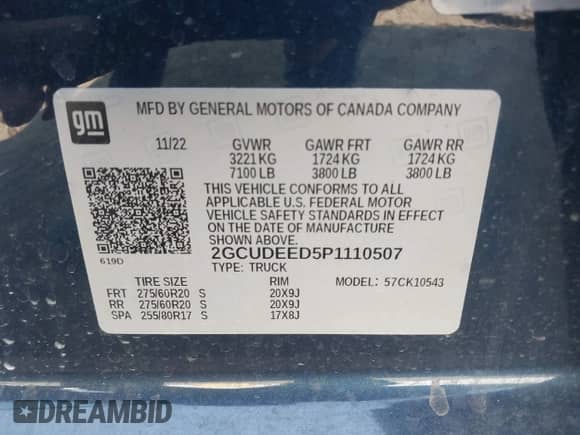 2023 Chevrolet Silverado 1500 RST with VIN 2GCUDEED5P1110507, listed as a IAAI auction lot 42429596 with 65,275 mi miles and . Bid and sale history available at DreamBid. Image 9.