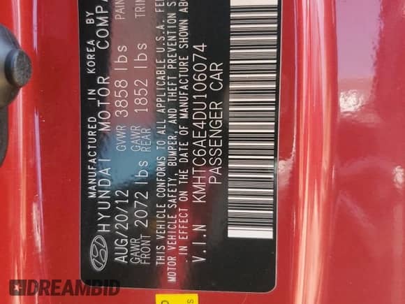 2013 Hyundai Veloster Turbo с VIN KMHTC6AE4DU106074, выставлен на аукционе Copart как лот 67664655 с пробегом 40 812 миль миль и Списание • Salvage title. История ставок и продаж доступна на DreamBid. Изображение 12.