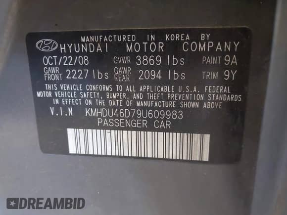 2009 Hyundai Elantra GLS with VIN KMHDU46D79U609983, listed as a IAAI auction lot 42640965 with 153,411 mi miles and . Bid and sale history available at DreamBid. Image 9.