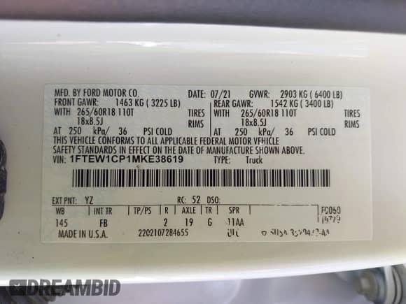 2021 Ford F-150 XL z VIN 1FTEW1CP1MKE38619, wystawiony jako IAAI lot #42958058 z przebiegiem 35 961 mil mil oraz . Historia ofert i sprzedaży dostępna na DreamBid. Obrazek 9.