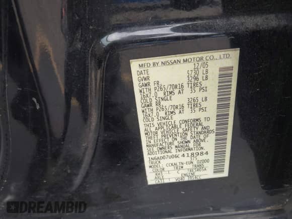2006 Nissan Frontier LE with VIN 1N6AD07U06C418984, listed as a IAAI auction lot 43298461 with 247,943 mi miles and . Bid and sale history available at DreamBid. Image 9.
