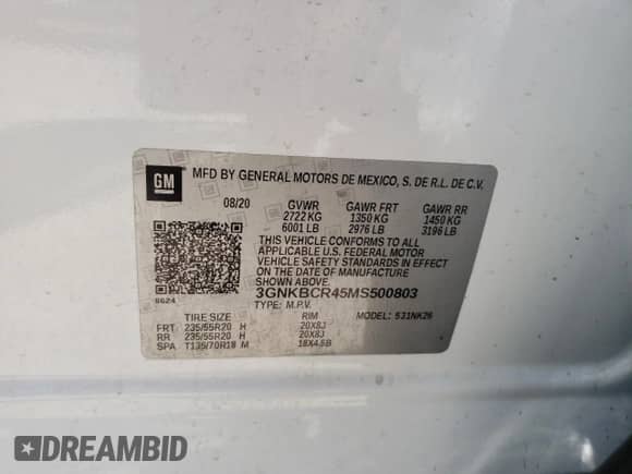2021 Chevrolet Blazer LT with VIN 3GNKBCR45MS500803, listed as a Copart auction lot 63271985 with Not provided miles and Salvage title. Bid and sale history available at DreamBid. Image 12.