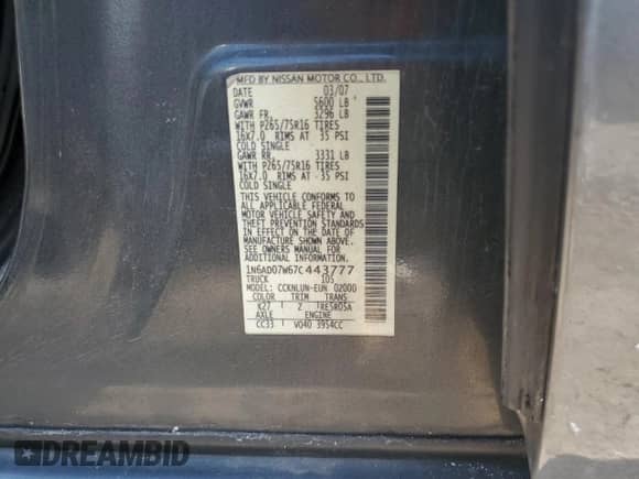 2007 Nissan Frontier Nismo z VIN 1N6AD07W67C443777, wystawiony jako Copart lot #64721775 z przebiegiem 175 628 mil mil oraz Szkoda całkowita • Salvage title. Historia ofert i sprzedaży dostępna na DreamBid. Obrazek 12.