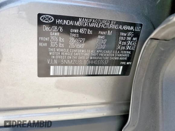 2017 Hyundai Santa Fe 2.4L with VIN 5NMZU3LB0HH033537, listed as a Copart auction lot 81092885 with 109,564 mi miles and Salvage title. Bid and sale history available at DreamBid. Image 13.