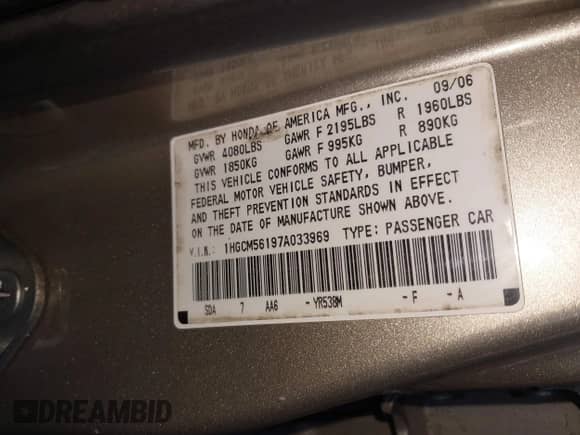 2007 Honda Accord VP с VIN 1HGCM56197A033969, выставлен на аукционе IAAI как лот 43209537 с пробегом 153 578 миль миль и . История ставок и продаж доступна на DreamBid. Изображение 9.