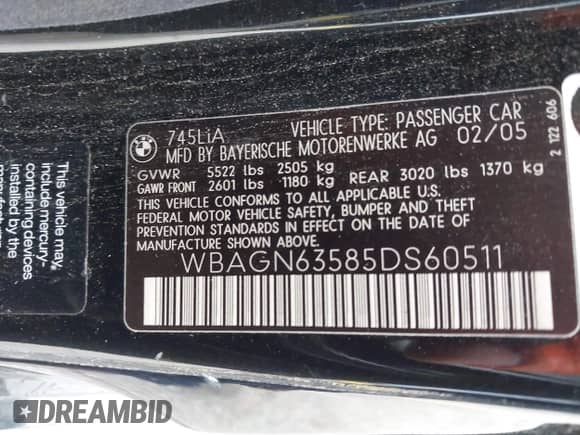 2005 BMW 7 Series 745Li z VIN WBAGN63585DS60511, wystawiony jako IAAI lot #43289338 z przebiegiem 147 214 mil mil oraz . Historia ofert i sprzedaży dostępna na DreamBid. Obrazek 9.