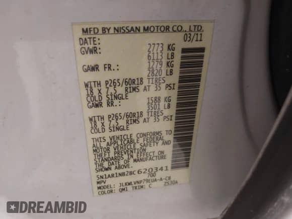 2011 Nissan Pathfinder SV with VIN 5N1AR1NB2BC620341, listed as a IAAI auction lot 41415057 with 174,374 mi miles and . Bid and sale history available at DreamBid. Image 9.