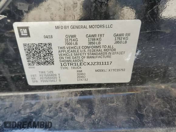 2018 GMC Sierra 1500 z VIN 1GTR1LECXJZ311117, wystawiony jako Copart lot #52915975 z przebiegiem 99 375 mil mil oraz Szkoda całkowita • Salvage title. Historia ofert i sprzedaży dostępna na DreamBid. Obrazek 12.