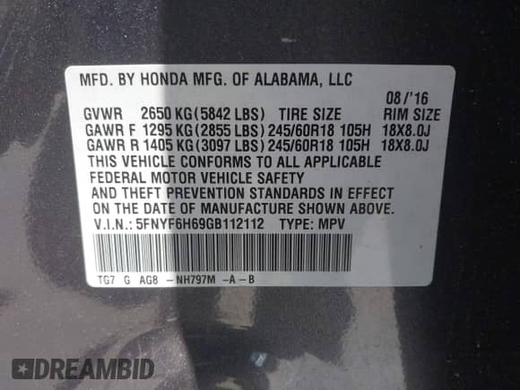 2016 Honda Pilot EX-L with VIN 5FNYF6H69GB112112, listed as a IAAI auction lot 42011461 with 92,090 mi miles and . Bid and sale history available at DreamBid. Image 9.