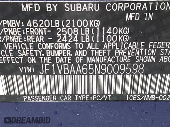 2022 Subaru WRX with VIN JF1VBAA65N9009598, listed as a IAAI auction lot 43291001 with 16,664 mi miles and . Bid and sale history available at DreamBid. Image 9.
