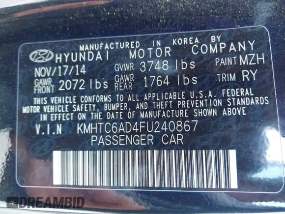 2015 Hyundai Veloster with VIN KMHTC6AD4FU240867, listed as a IAAI auction lot 42887164 with 94,620 mi miles and . Bid and sale history available at DreamBid. Image 9.