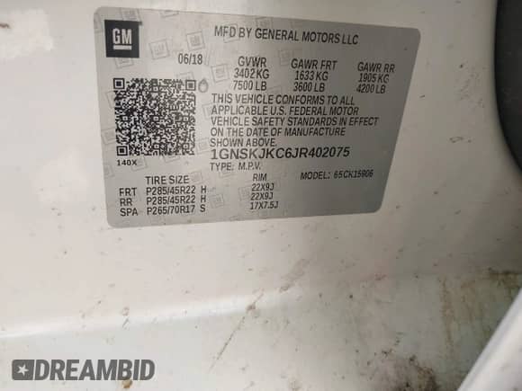 2018 Chevrolet Suburban Premier z VIN 1GNSKJKC6JR402075, wystawiony jako IAAI lot #42124796 z przebiegiem 156 900 mil mil oraz . Historia ofert i sprzedaży dostępna na DreamBid. Obrazek 9.