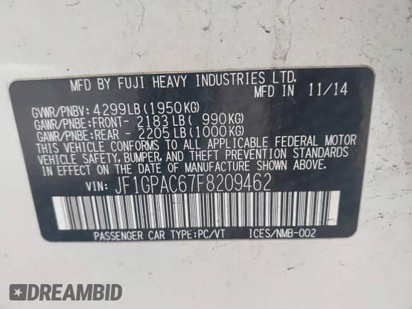 2015 Subaru Impreza Premium with VIN JF1GPAC67F8209462, listed as a IAAI auction lot 42717390 with 69,208 mi miles and . Bid and sale history available at DreamBid. Image 9.