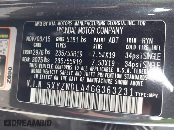 2016 Hyundai Santa Fe с VIN 5XYZWDLA4GG363231, выставлен на аукционе IAAI как лот 41938624 с пробегом 91 855 миль миль и . История ставок и продаж доступна на DreamBid. Изображение 9.