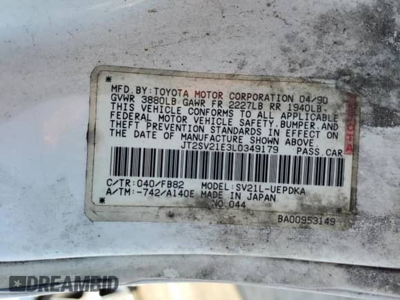 1990 Toyota Camry z VIN JT2SV21E3L0349179, wystawiony jako Copart lot #75125234 z przebiegiem 138 635 mil mil oraz Czysty tytuł • Clean title. Historia ofert i sprzedaży dostępna na DreamBid. Obrazek 12.