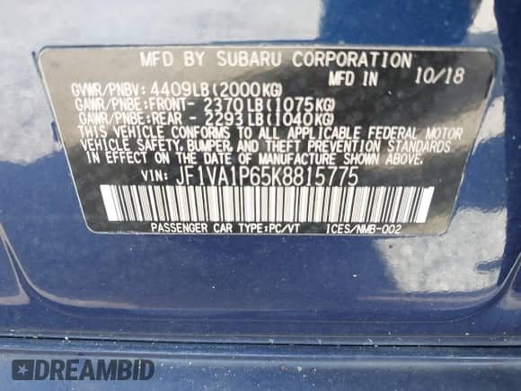 2019 Subaru WRX Limited with VIN JF1VA1P65K8815775, listed as a IAAI auction lot 43289927 with 130,856 mi miles and . Bid and sale history available at DreamBid. Image 9.