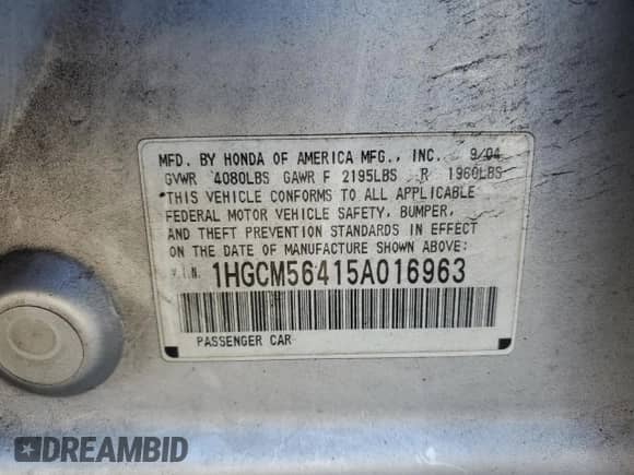 2005 Honda Accord LX z VIN 1HGCM56415A016963, wystawiony jako Copart lot #83766025 z przebiegiem 259 330 mil mil oraz Szkoda całkowita • Salvage title. Historia ofert i sprzedaży dostępna na DreamBid. Obrazek 12.