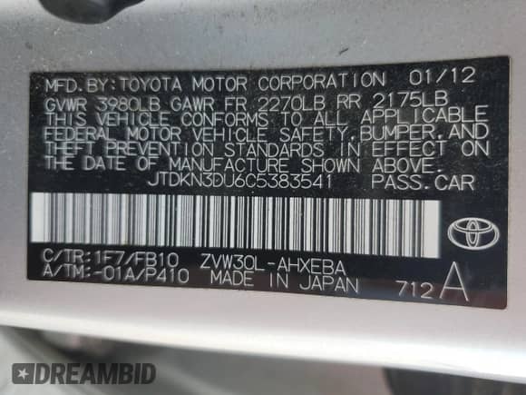 2012 Toyota Prius One с VIN JTDKN3DU6C5383541, выставлен на аукционе Copart как лот 70894555 с пробегом 165 070 миль миль и Списание • Salvage title. История ставок и продаж доступна на DreamBid. Изображение 12.