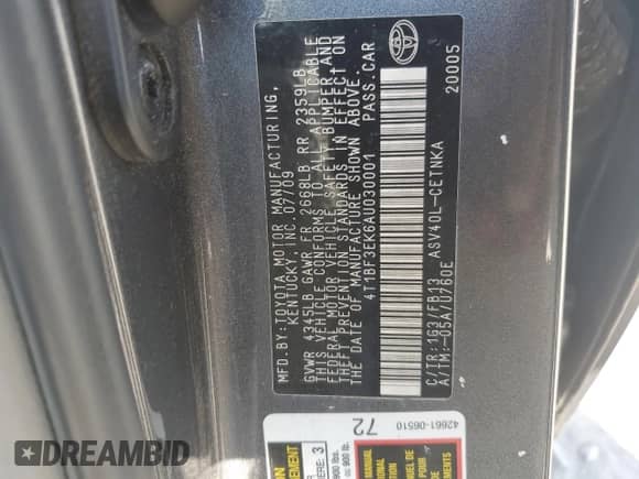 2010 Toyota Camry with VIN 4T1BF3EK6AU030001, listed as a Copart auction lot 70009245 with 140,575 mi miles and Salvage title. Bid and sale history available at DreamBid. Image 12.