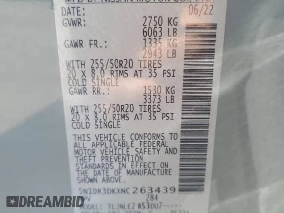 2022 Nissan Pathfinder Platinum with VIN 5N1DR3DKXNC263439, listed as a Copart auction lot 81191325 with 57,305 mi miles and Salvage title. Bid and sale history available at DreamBid. Image 13.