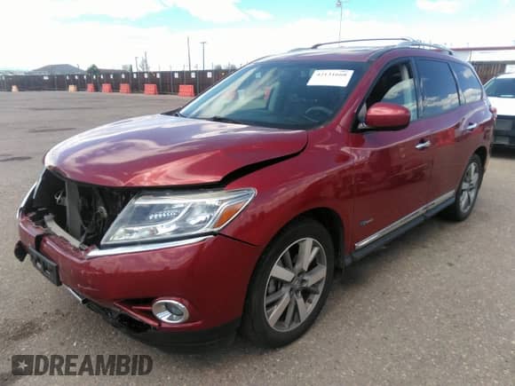 2014 Nissan Pathfinder Platinum Hybrid with VIN 5N1CR2MMXEC657577, listed as a IAAI auction lot 42131668 with 119,795 mi miles and . Bid and sale history available at DreamBid. Image 2.