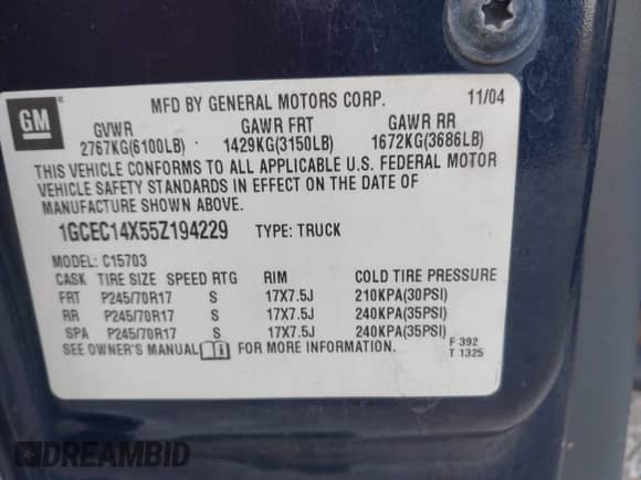2005 Chevrolet Silverado 1500 Work Truck with VIN 1GCEC14X55Z194229, listed as a IAAI auction lot 42685614 with 213,723 mi miles and . Bid and sale history available at DreamBid. Image 9.