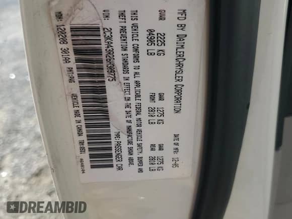 2006 Chrysler 300 with VIN 2C3KA43R26H309775, listed as a Copart auction lot 69139595 with 121,645 mi miles and Salvage title. Bid and sale history available at DreamBid. Image 12.