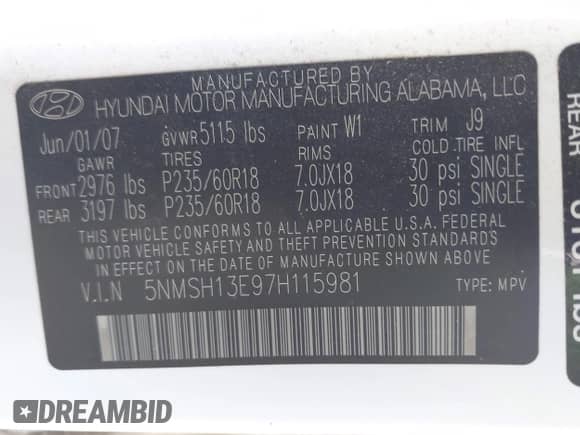 2007 Hyundai Santa Fe SE с VIN 5NMSH13E97H115981, выставлен на аукционе IAAI как лот 42971345 с пробегом 211 385 миль миль и . История ставок и продаж доступна на DreamBid. Изображение 9.