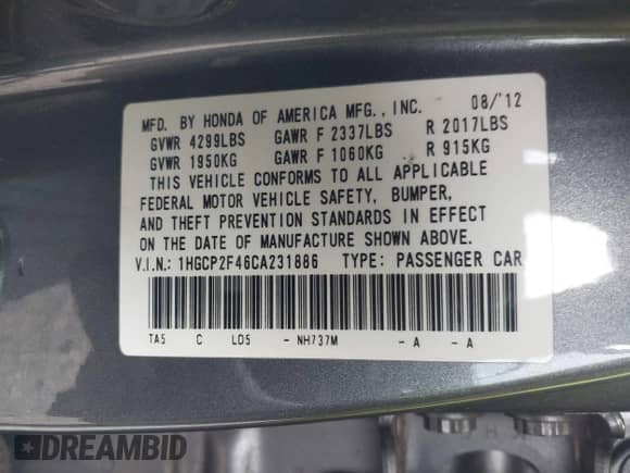 2012 Honda Accord LX Premium с VIN 1HGCP2F46CA231886, выставлен на аукционе IAAI как лот 43282807 с пробегом 212 578 миль миль и . История ставок и продаж доступна на DreamBid. Изображение 9.