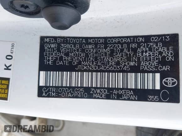2013 Toyota Prius One с VIN JTDKN3DU4D5603745, выставлен на аукционе IAAI как лот 42710052 с пробегом 79 005 миль миль и . История ставок и продаж доступна на DreamBid. Изображение 9.