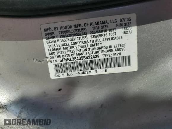 2005 Honda Odyssey EX z VIN 5FNRL38435B422439, wystawiony jako Copart lot #67848265 z przebiegiem 181 848 mil mil oraz Szkoda całkowita • Salvage title. Historia ofert i sprzedaży dostępna na DreamBid. Obrazek 13.