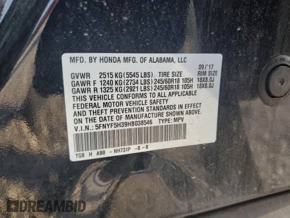 2017 Honda Pilot EX with VIN 5FNYF5H39HB038546, listed as a Copart auction lot 64924725 with 178,548 mi miles and Clean title. Bid and sale history available at DreamBid. Image 13.