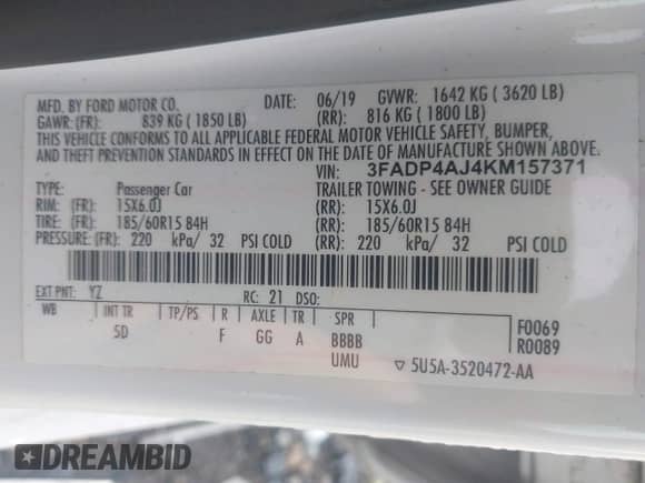 2019 Ford Fiesta S с VIN 3FADP4AJ4KM157371, выставлен на аукционе IAAI как лот 42770602 с пробегом 148 724 миль миль и . История ставок и продаж доступна на DreamBid. Изображение 9.