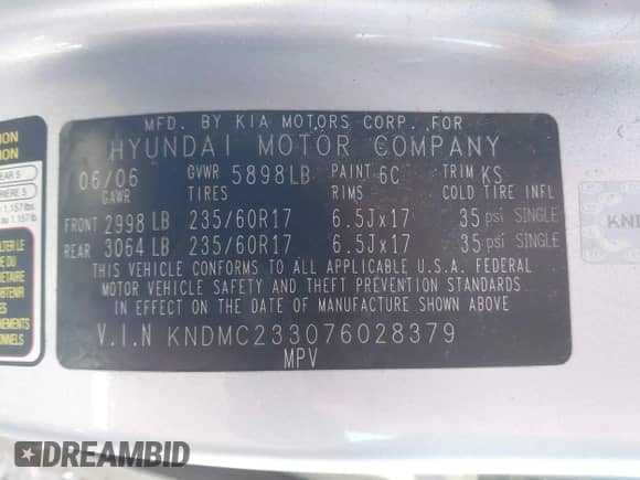 2007 Hyundai Entourage GLS с VIN KNDMC233076028379, выставлен на аукционе IAAI как лот 42025061 с пробегом 172 272 миль миль и . История ставок и продаж доступна на DreamBid. Изображение 9.