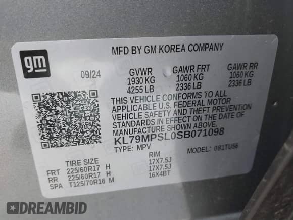 2025 Chevrolet TrailBlazer LT with VIN KL79MPSL0SB071098, listed as a IAAI auction lot 42141036 with 10,160 mi miles and . Bid and sale history available at DreamBid. Image 9.