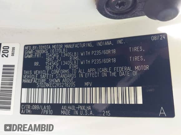 2024 Toyota Sienna Limited с VIN 5TDZRKEC2RS218205, выставлен на аукционе IAAI как лот 43354661 с пробегом 27 974 миль миль и . История ставок и продаж доступна на DreamBid. Изображение 9.