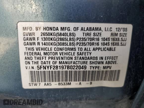 2007 Honda Pilot LX z VIN 5FNYF28197B022049, wystawiony jako Copart lot #62136215 z przebiegiem 144 630 mil mil oraz Szkoda całkowita • Salvage title. Historia ofert i sprzedaży dostępna na DreamBid. Obrazek 13.